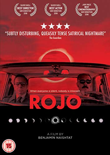 DVD cover for “Rojo” featuring a red background and car with two men.