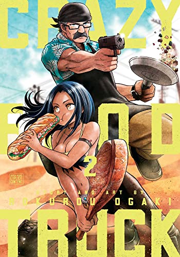 Comic book cover: man with gun, woman with sandwich, food debris.