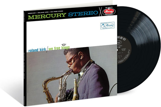 Roland Kirk album cover and vinyl record, jazz musician playing saxophones.