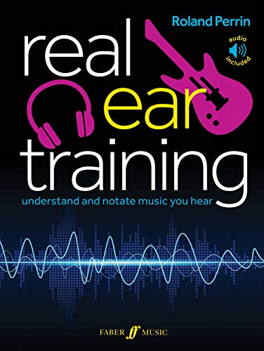 Book cover: "Real Ear Training" with headphones, guitar, and sound waves.
