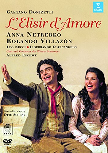 Cover of "L'elisir D'amore" DVD featuring two performers in period costumes, smiling.