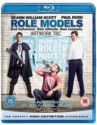 Blu-ray cover for Role Models featuring three men standing before brick wall posters.