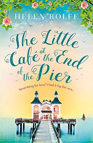 Book cover with a seaside pier café and floral decorations.