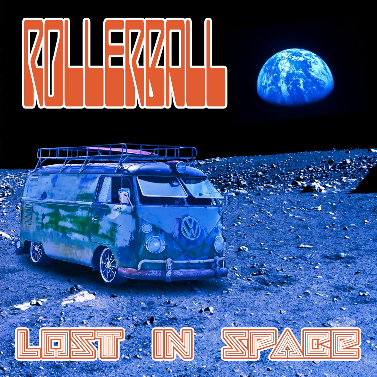 Vintage van on a lunar surface with Earth in the background.