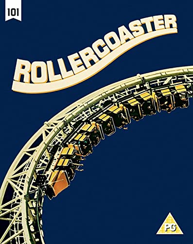 Rollercoaster track with yellow cars against a dark blue background.