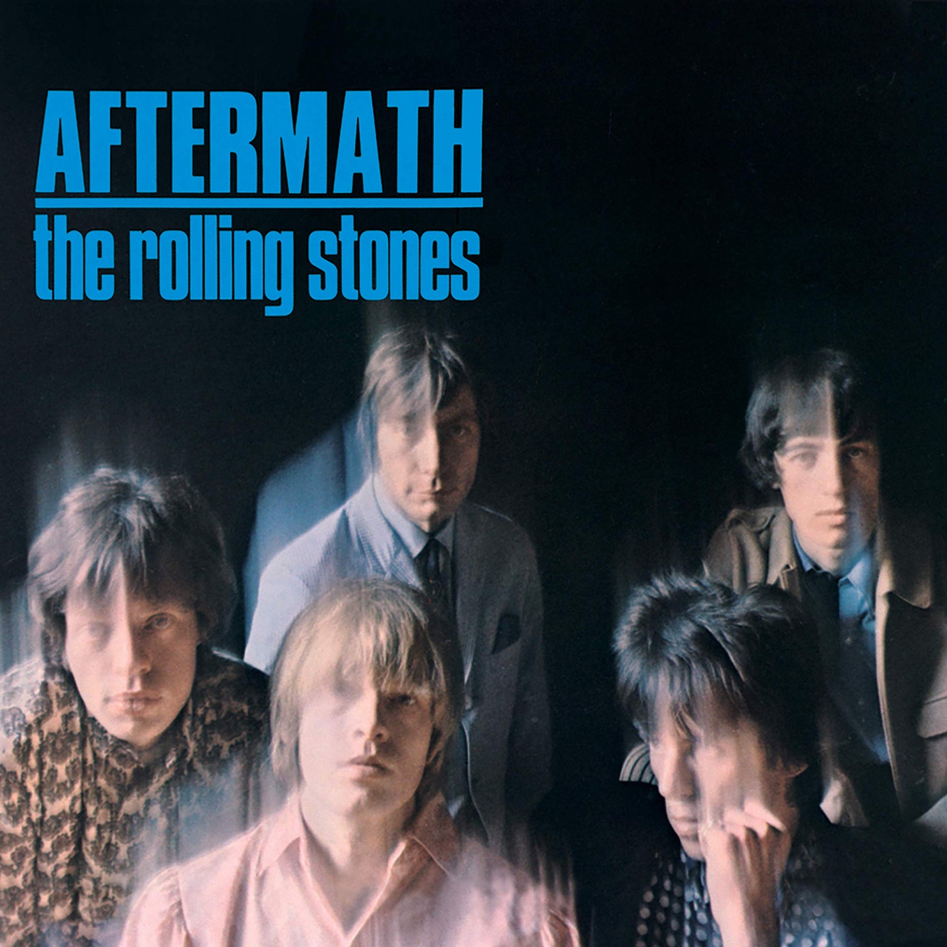 The Rolling Stones' "Aftermath" album cover with blurred band portraits.