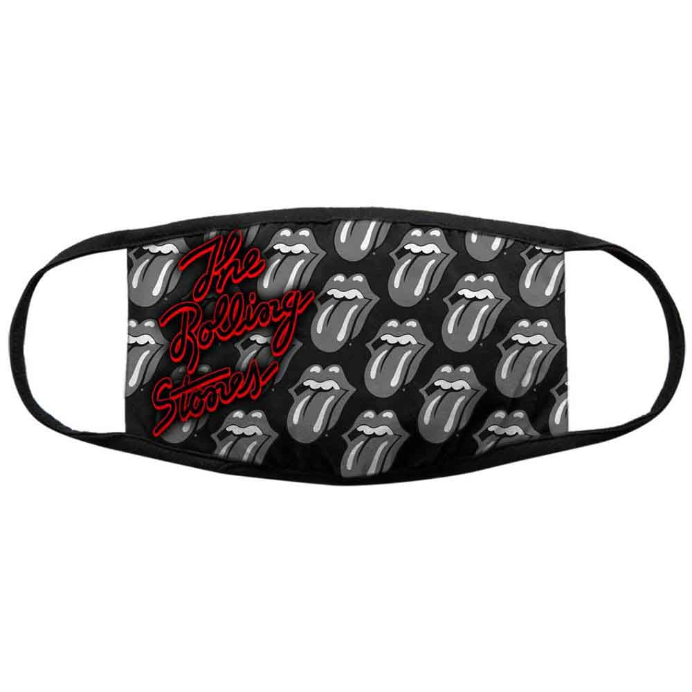 Black and white face coverings featuring the Rolling Stones’ tongue and lips logo.