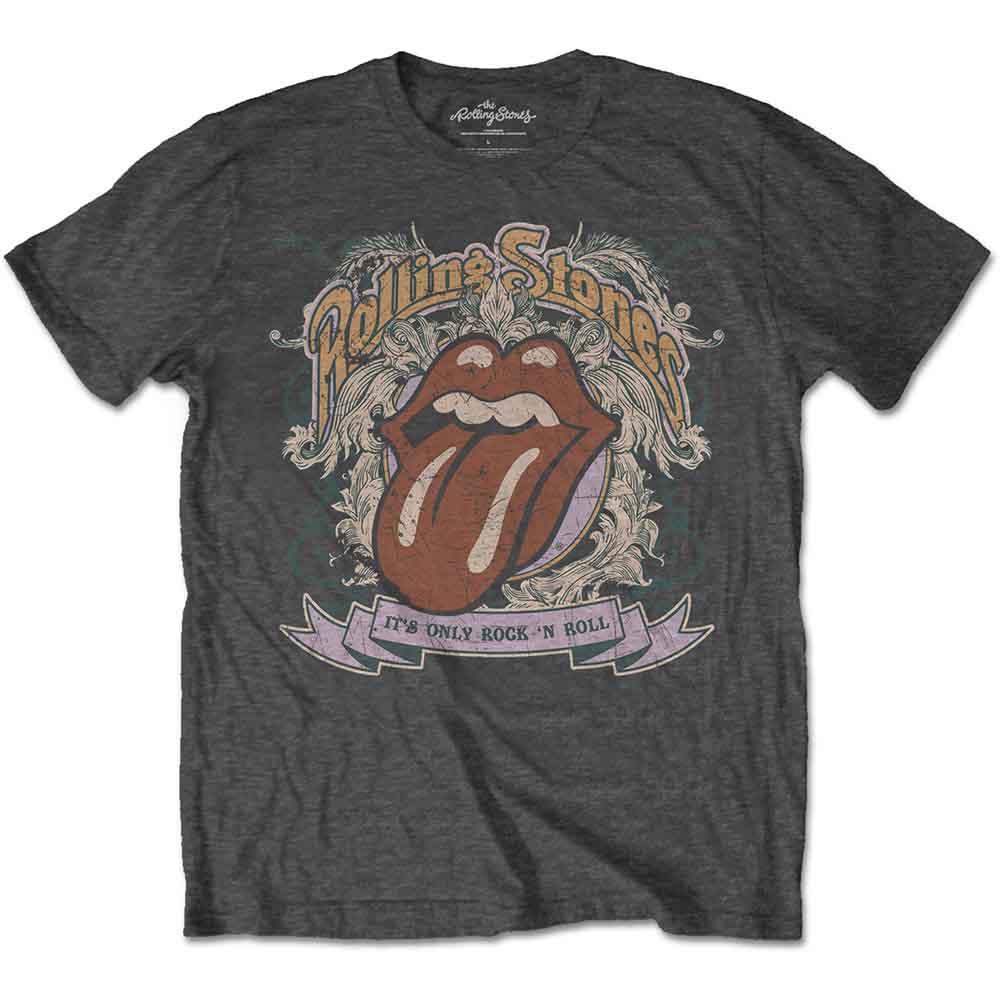 Charcoal grey Rolling Stones t-shirt with iconic tongue and lips logo.
