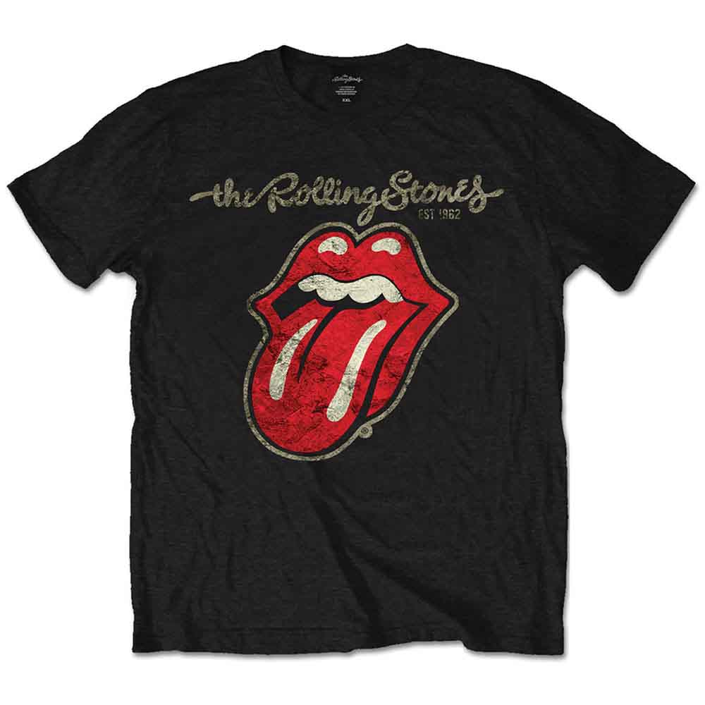 A man wearing a black Rolling Stones t-shirt with a distressed red tongue logo.