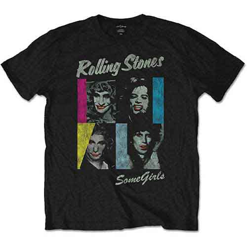 Black Rolling Stones t-shirt with colorful portrait graphics.