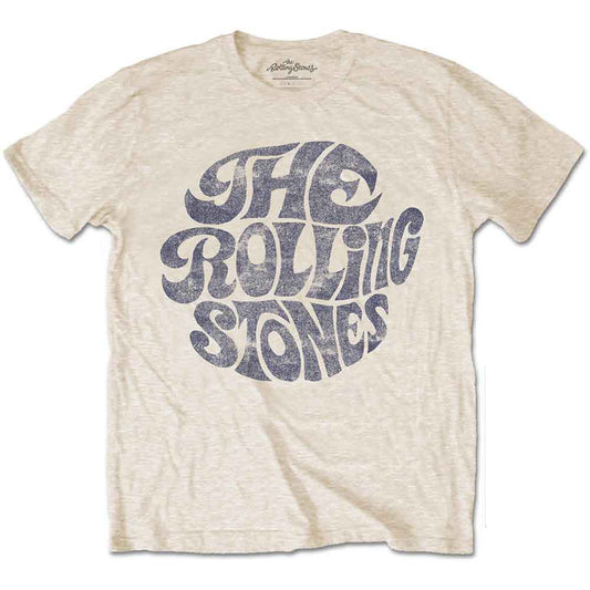Beige t-shirt with dark blue, circular “The Rolling Stones” logo.