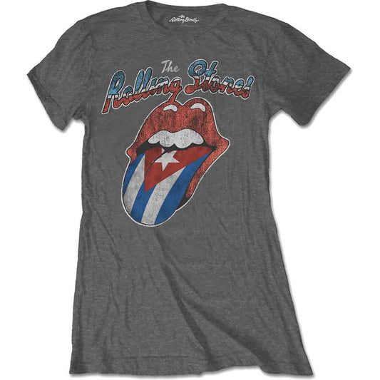 Grey t-shirt with The Rolling Stones logo featuring a Cuban flag design.