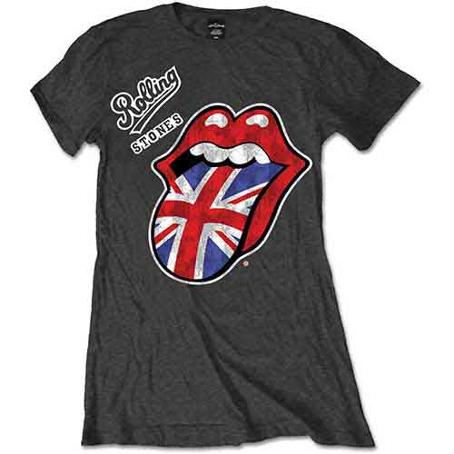 Woman wearing a dark grey Rolling Stones t-shirt with tongue logo.