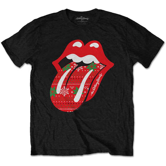 Man wearing a black t-shirt with a red Rolling Stones tongue Christmas sweater pattern.
