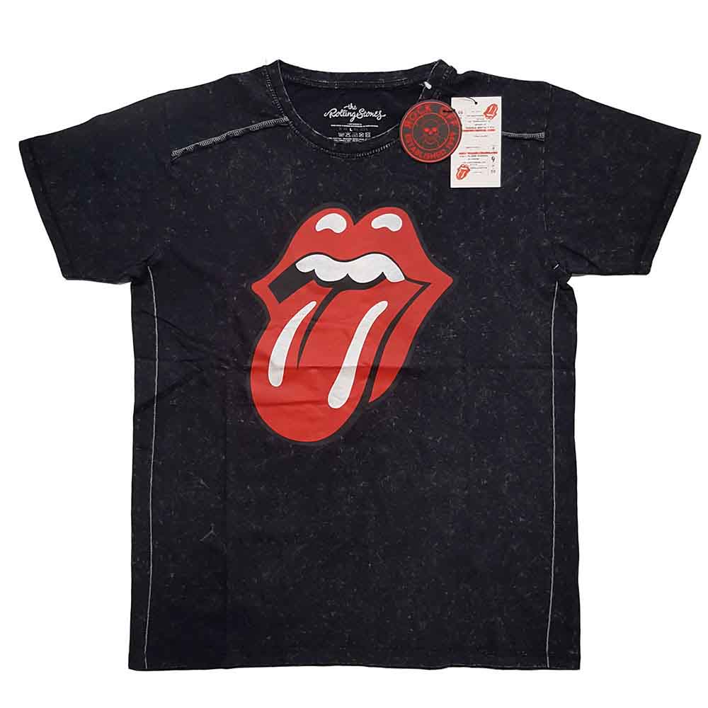 Blue Rolling Stones t-shirt with iconic red tongue and teeth logo.
