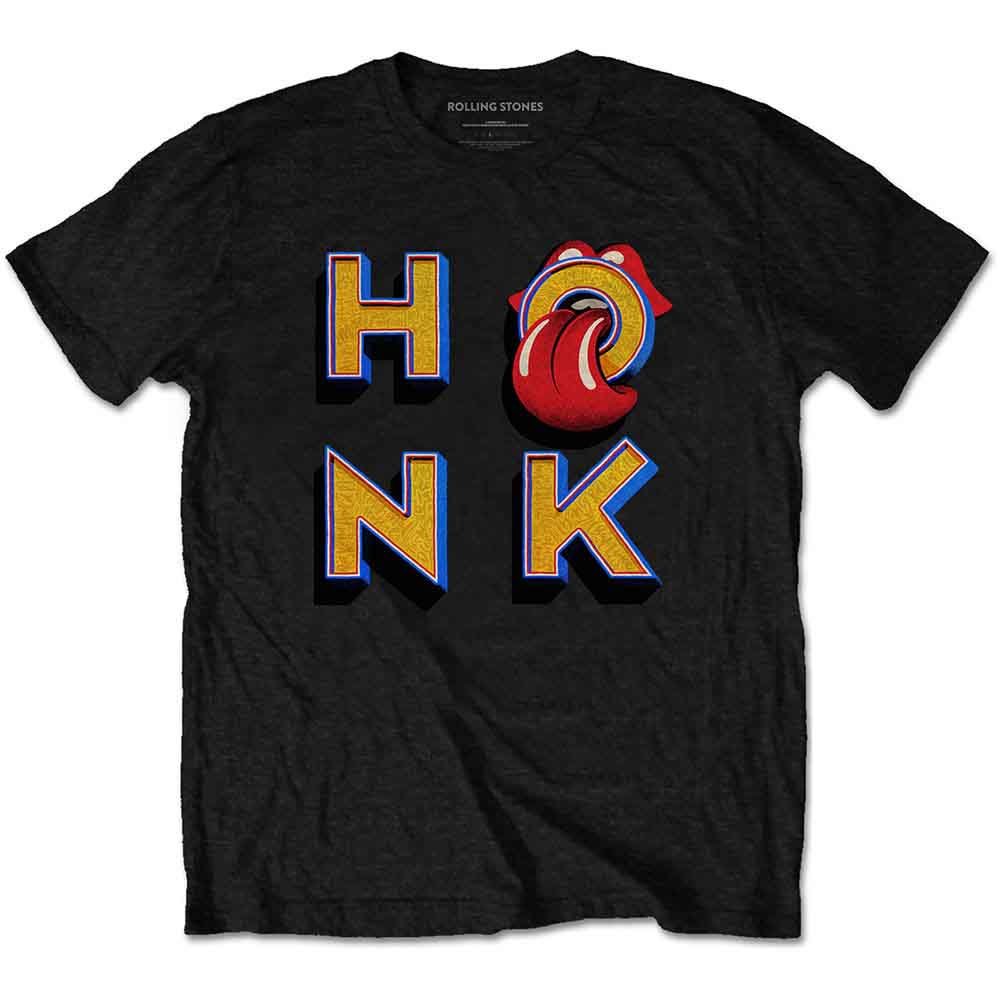 White t-shirt with colorful “HONK” lettering and Rolling Stones tongue logo.