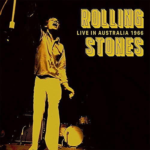 CD cover: Mick Jagger performing live in Australia, 1966, in yellow tones.