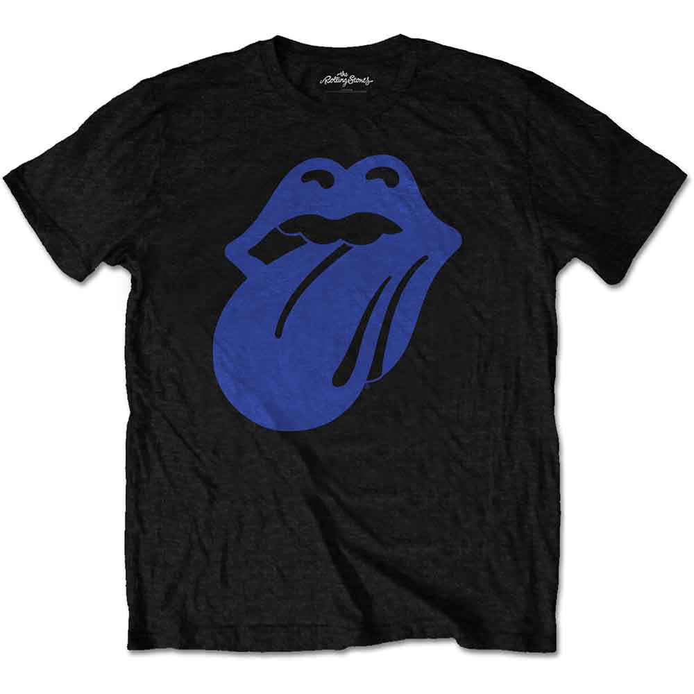 Off-white t-shirt with large blue Rolling Stones tongue logo.