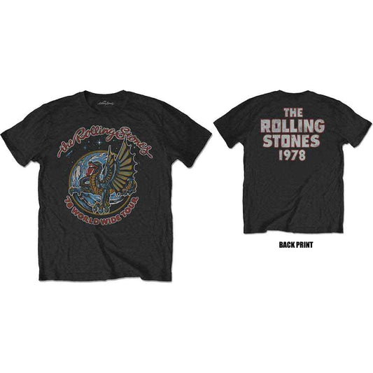 Black t-shirt with Rolling Stones dragon graphic and tour text.