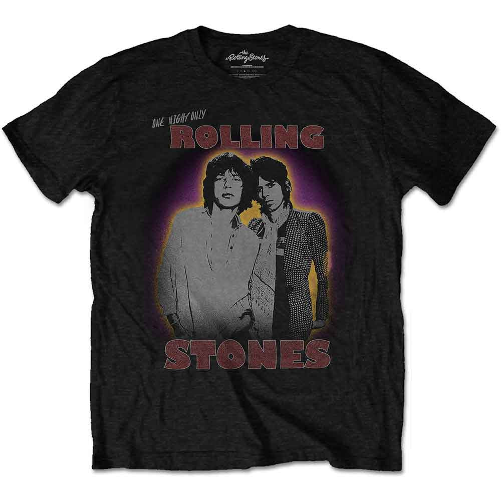 Black t-shirt featuring a graphic of Mick Jagger and Keith Richards and red text.