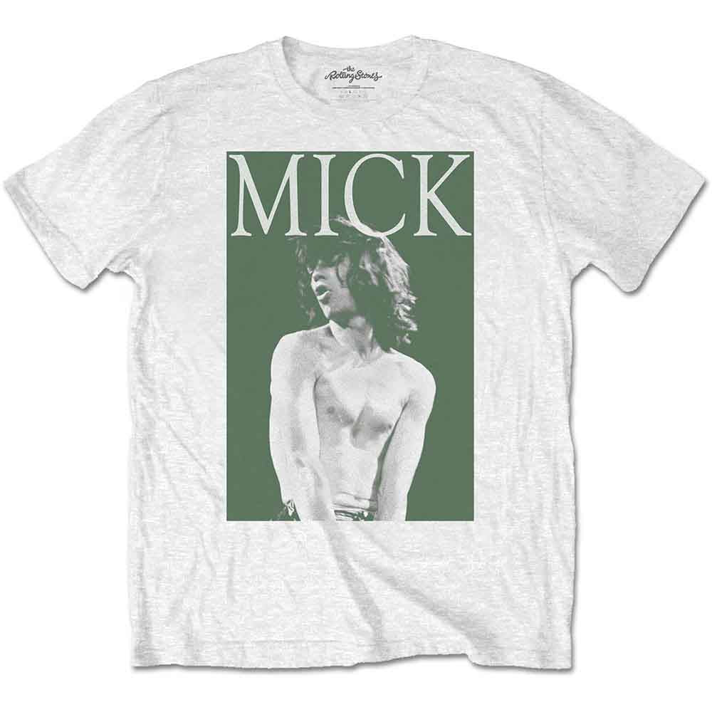 White t-shirt with a black and white photo of Mick Jagger.