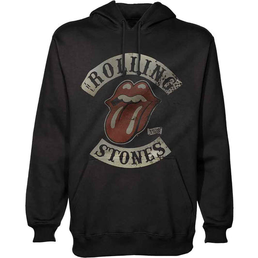 Black Rolling Stones hoodie with iconic tongue and lips logo.
