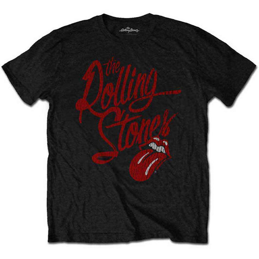 Black t-shirt with red Rolling Stones logo and lips graphic.