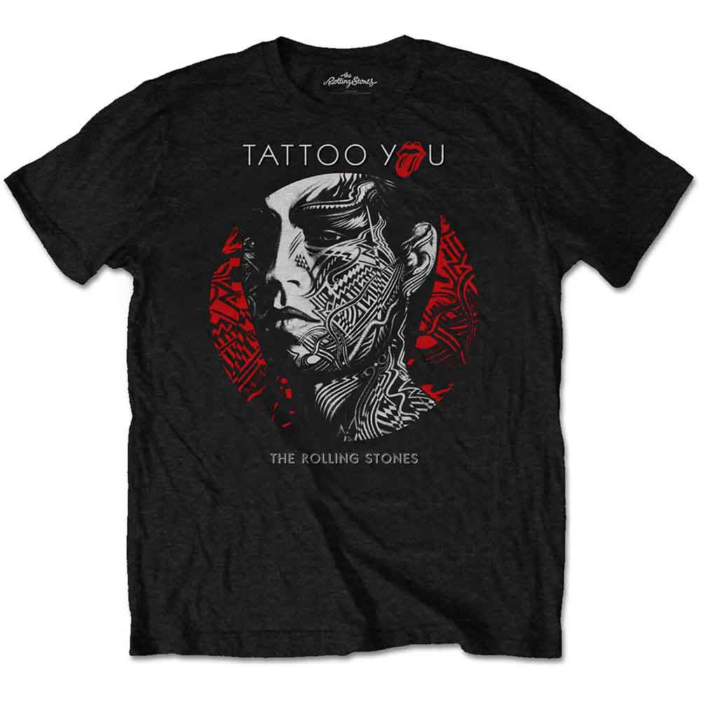 Black t-shirt with Rolling Stones "Tattoo You" album art graphic.