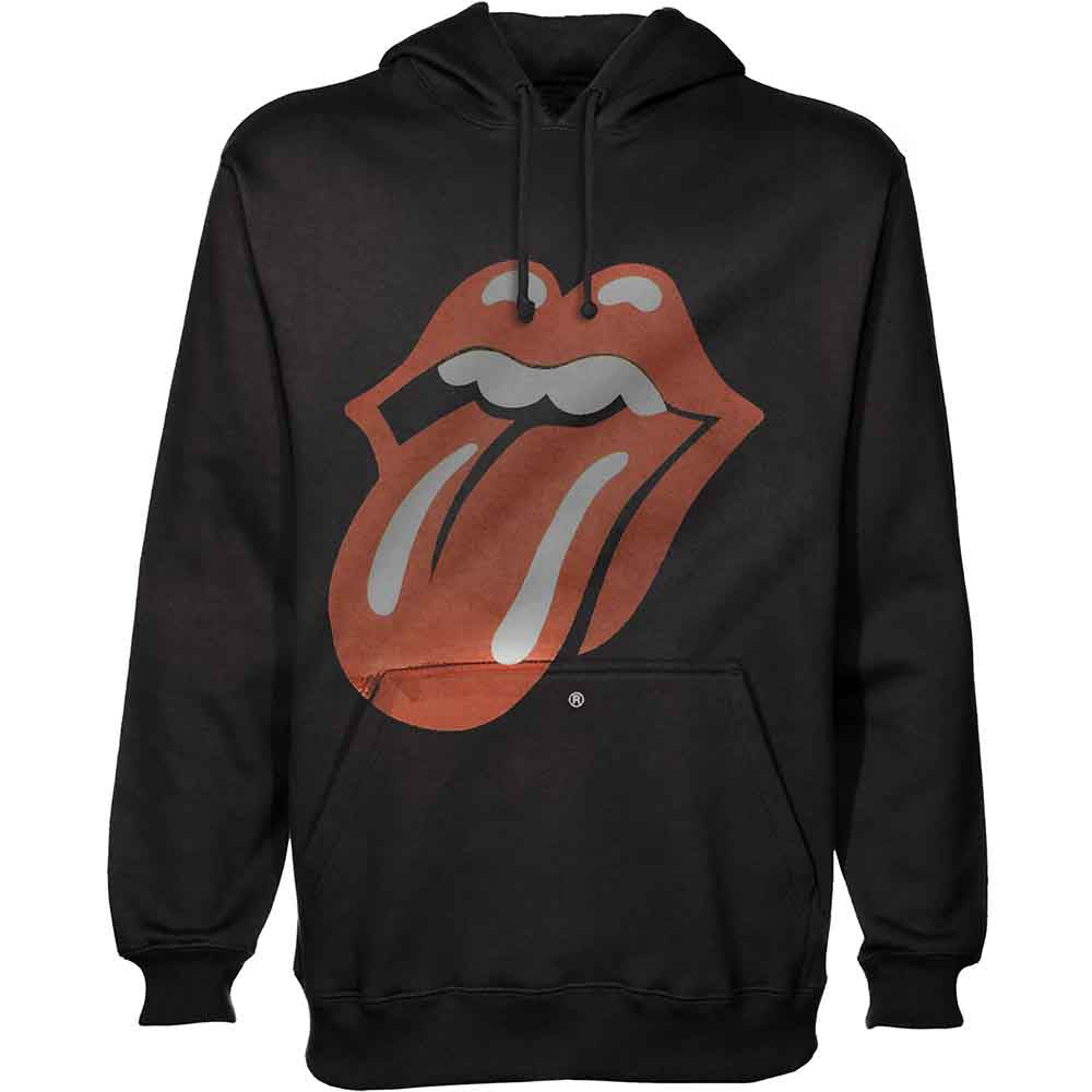 Black hoodie with The Rolling Stones’ iconic tongue and lips logo.