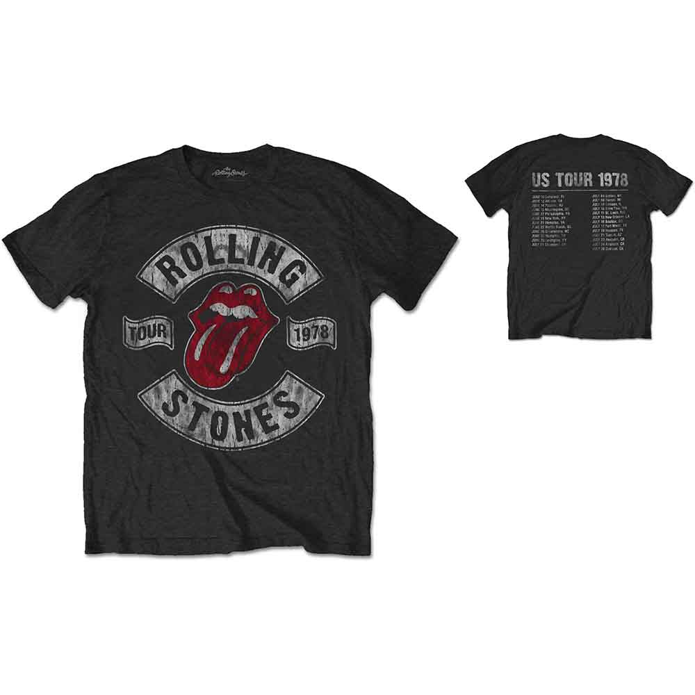 Black Rolling Stones tour t-shirt with logo on front and back.