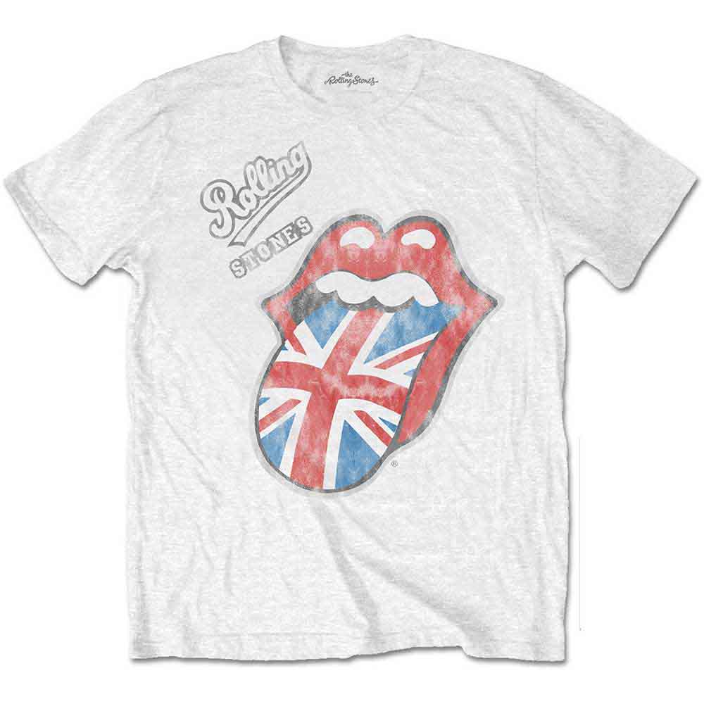 White Rolling Stones t-shirt with iconic tongue and lips logo.