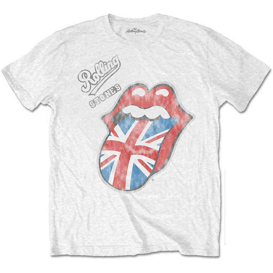 White Rolling Stones t-shirt with iconic tongue and lips logo.