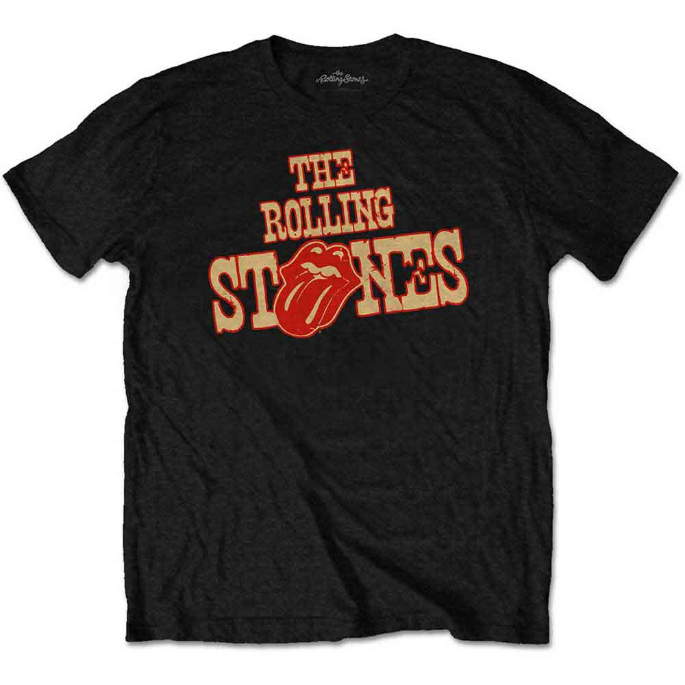 Black Rolling Stones t-shirt with red and beige logo graphic.