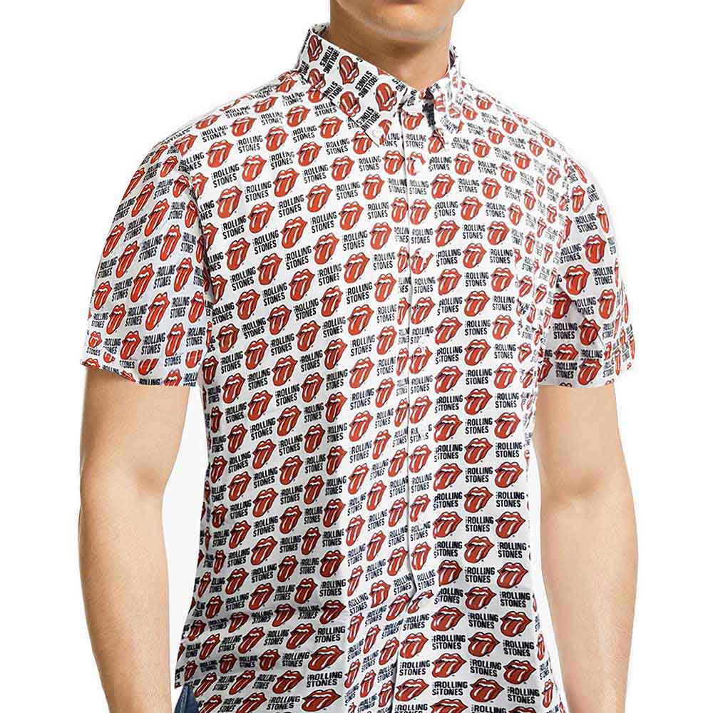 White button-down shirt covered in repeating red and black Rolling Stones tongues.