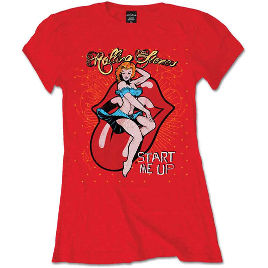 Red women’s Rolling Stones t-shirt with iconic lips and pin-up design.