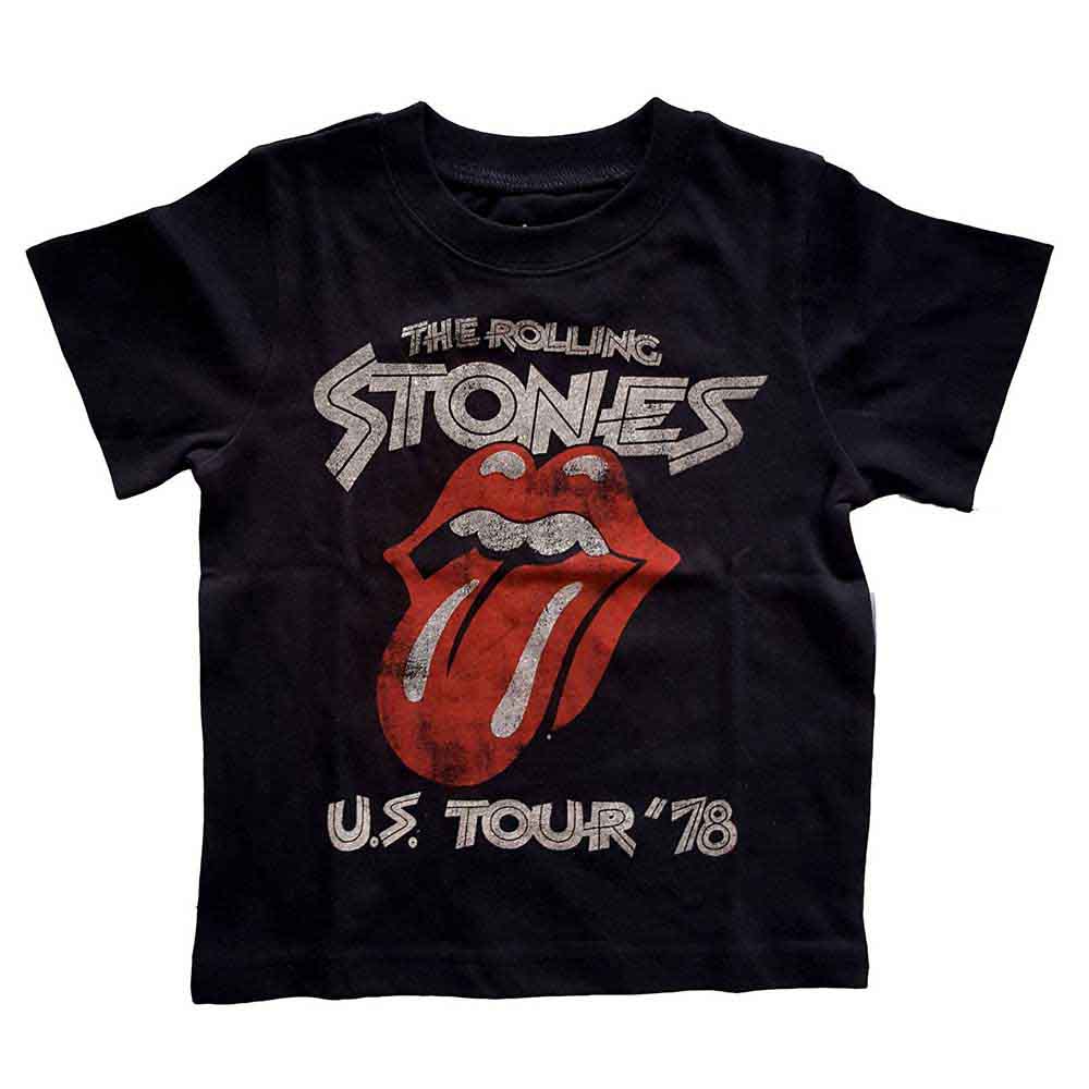 Black toddler t-shirt with The Rolling Stones logo and “US Tour ‘78”.