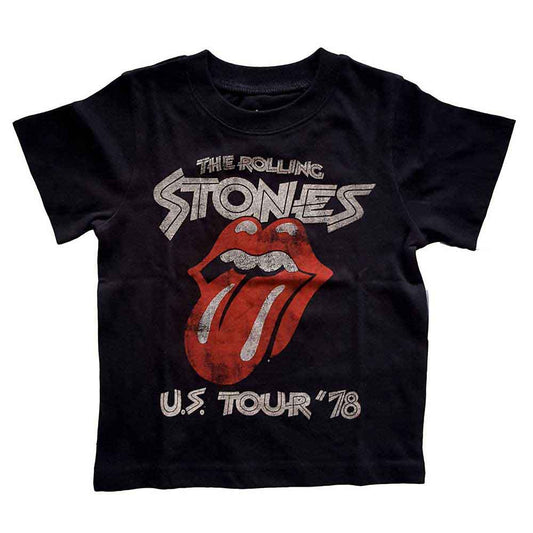 Black toddler t-shirt with The Rolling Stones logo and “US Tour ‘78”.