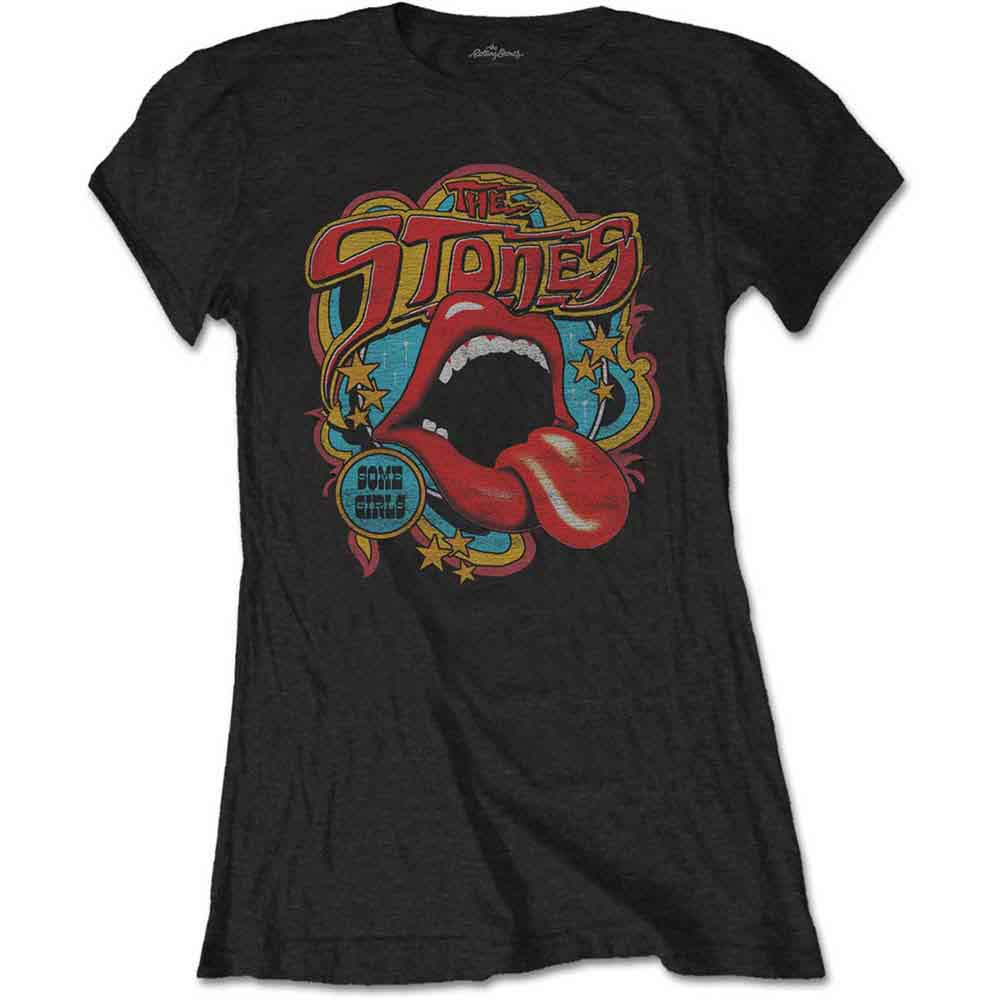 Black women's t-shirt with The Rolling Stones' tongue and lips logo.