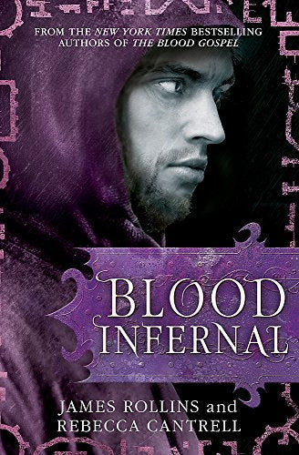 Book cover: hooded figure with intense gaze, title “Blood Infernal.”