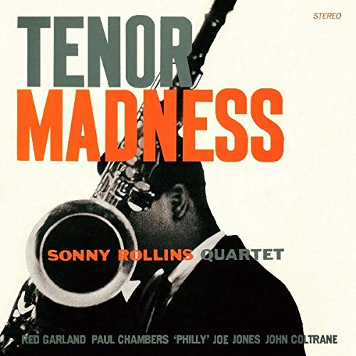 Sonny Rollins playing saxophone on the Tenor Madness album cover.