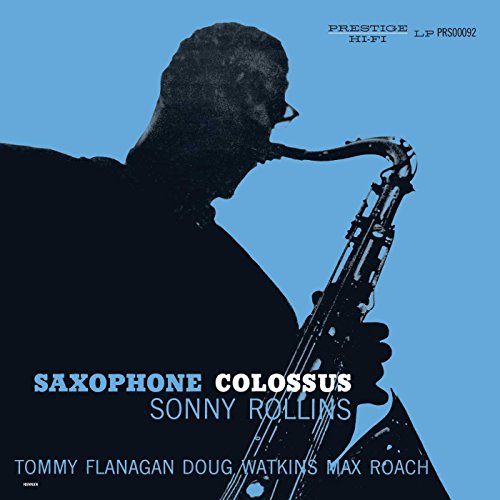 Black silhouette of Sonny Rollins playing a saxophone against a solid light blue background.