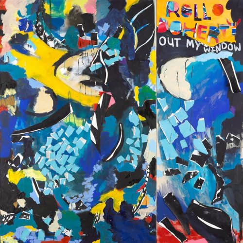 Abstract painting with colorful brushstrokes and text: “Rollo Doherty Out My Window”.