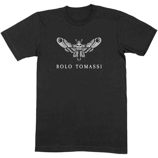 Black t-shirt featuring a white moth graphic with a skull and Rolo Tomassi text.