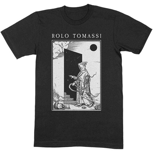 A man wearing a black t-shirt featuring a hooded figure entering a dark portal.