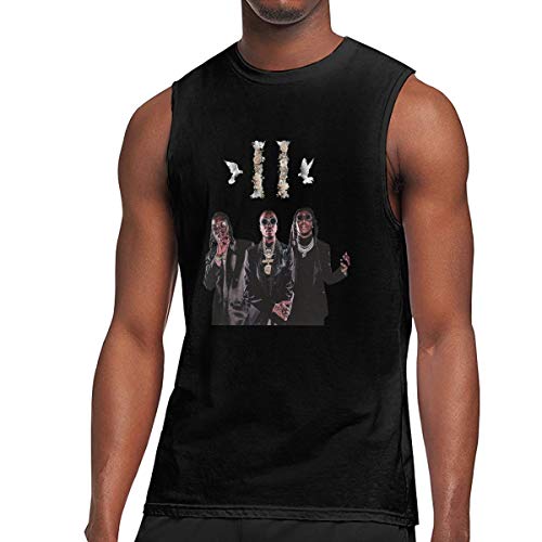 A person wearing a black sleeveless shirt featuring a graphic of three men.