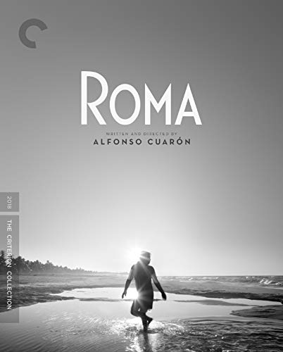 Roma Blu-ray cover: black and white beach scene, film title, director’s name.