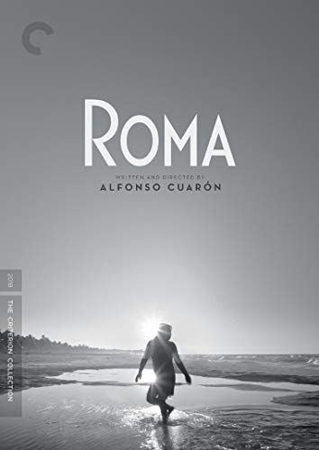 “Roma” DVD cover: black and white image of a person on a beach.