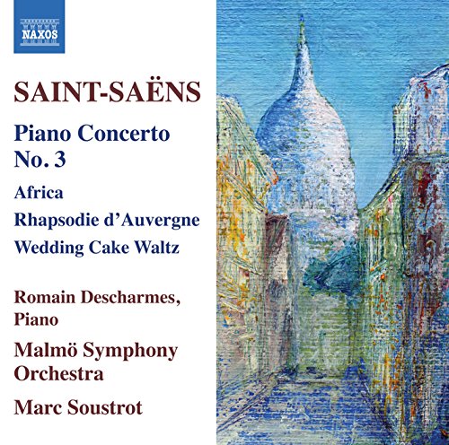 CD cover for Saint-Saëns piano concerto with colorful, abstract mosque imagery.