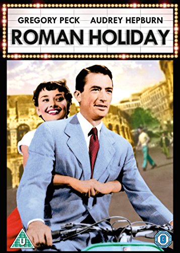 “Roman Holiday” DVD cover featuring Gregory Peck and Audrey Hepburn on a scooter.