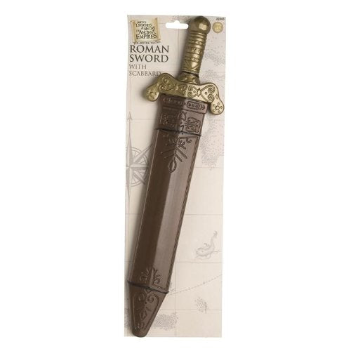 "Silver sword with gold hilt and brown scabbard, both with ornate designs, on a white background."